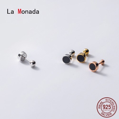 LA MONADA-여성용 스터드 작은 귀걸이, 블랙 라운드 925 스털링 실버 여성 너트 귀 피어싱 귀걸이