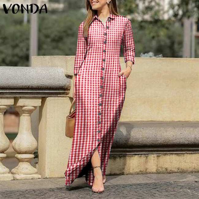 VONDA 긴 맥시 드레스 여성 캐주얼 빈티지 체크 무늬 턴 다운 넥 셔츠 느슨한 버튼 업 VESTIDOS