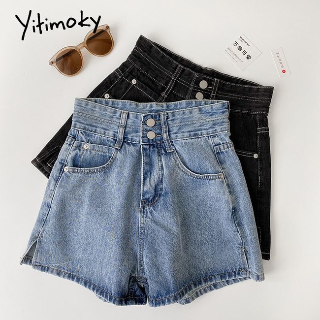 YITIMOKY 데님 반바지 여자 와이드 레그 청바지  여름 패션 의류 높은 허리 버튼 지퍼 플라이 포켓 루스 캐주얼