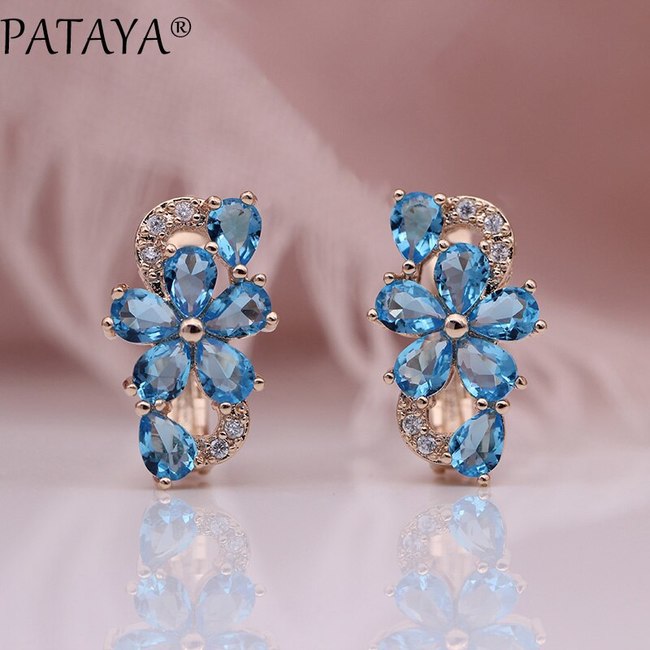PATAYA  워터 드롭 매화 벚꽃 댕글 귀걸이 여성 패션 유행 보석 585 로즈 골드 꽃잎 자연 지르콘 블루