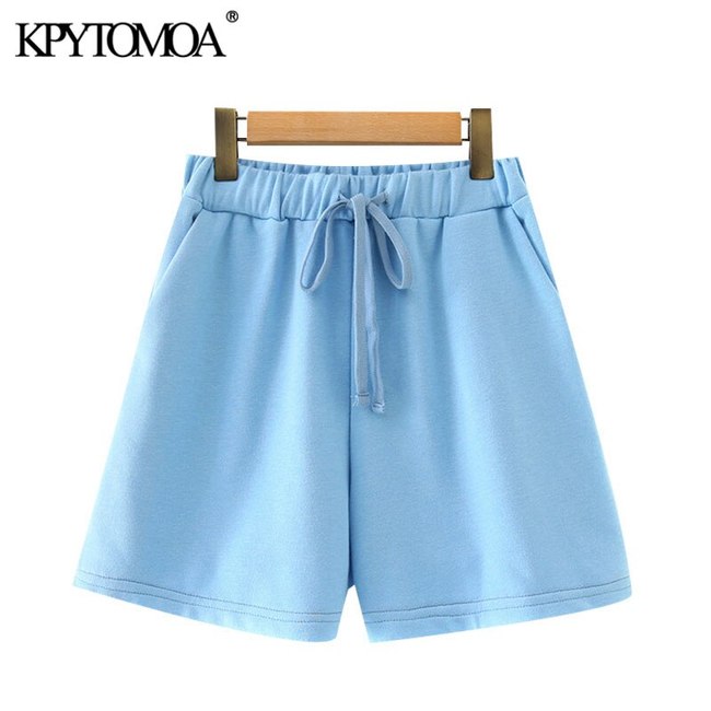 KPYTOMOA 여자  세련 패션 사이드 포켓 기본 반바지 빈티지 높은 탄성 허리 DRAWSTRING 짧은 바지 PANTALONES