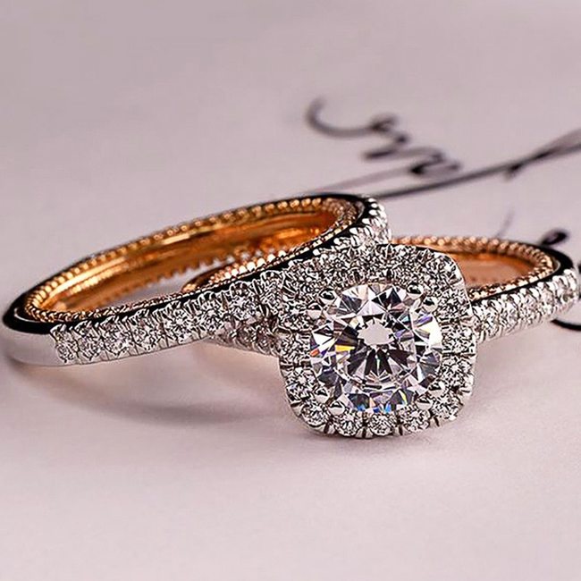 HUITAN 럭셔리 약혼 반지 2 개/대 빛나는 큐빅 지르콘  디자인 두 톤 우아한 여자 보석 DROPSHIP
