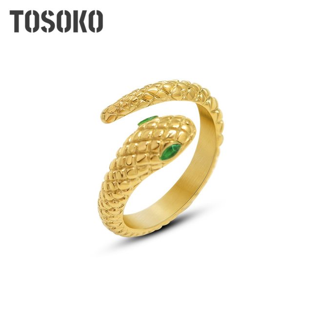 TOSOKO 스테인레스 스틸 쥬얼리 마름모 새겨진 뱀 모양 녹색 지르콘 반지 여성  BSA238