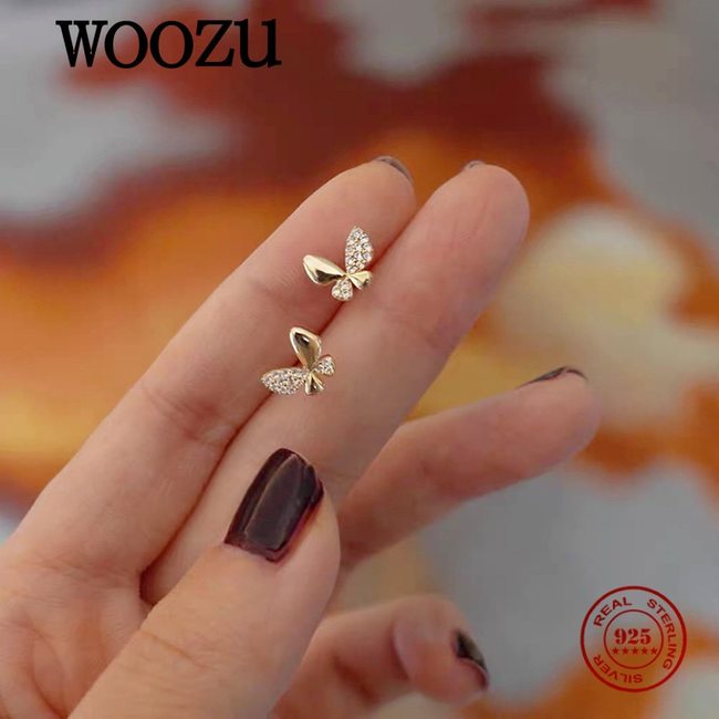 WOOZU-925실버 로맨틱 크리스탈 지르콘 나비 스터드 귀걸이, 여성을 위한 14K 골드 도금 달콤한  파티 주얼리