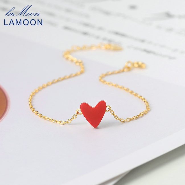 여성을위한 LAMOON 925실버 팔찌 작은 붉은 심장 합성 산호 14K 골드 도금 파인 쥬얼리  LMHI065
