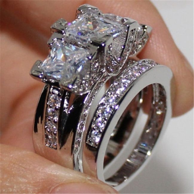 2 개/대 큰 지르콘 CZ 돌 블링 실버 컬러 결혼식 웨딩 약혼 반지 세트 패션 보석 선물
