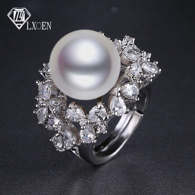 LXOEN- 큰 모조 진주 반지, 밝은 CZ 스톤 크리스탈 여자 결혼 보헤미안 빈티지 주얼리 비쥬