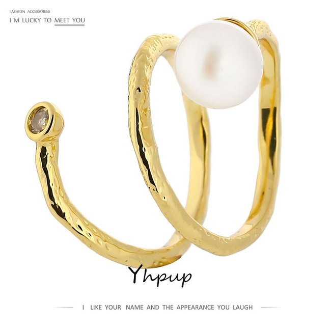 YHPUP-여성을 위한 유행 금속 트위스트 반지, 럭셔리 담수 진주 보석  디자인 기하학적 반지 ANILLOS MUJER 선물