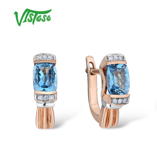 VISTOSO-골드 귀걸이 14K 585 로즈 골드 스파클링 럭셔리 다이아몬드 블루 토파즈 웨딩 약혼 고급 쥬얼리