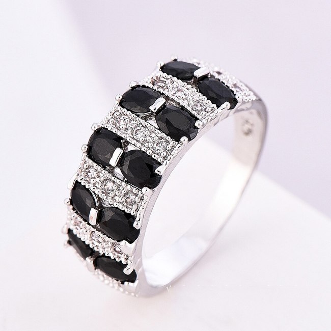 고급 레트로  클래식 925실버 여성을 위한 큰 반지, 블랙 스트라이프 크리스탈 지르콘 반지 여자 친구 선물