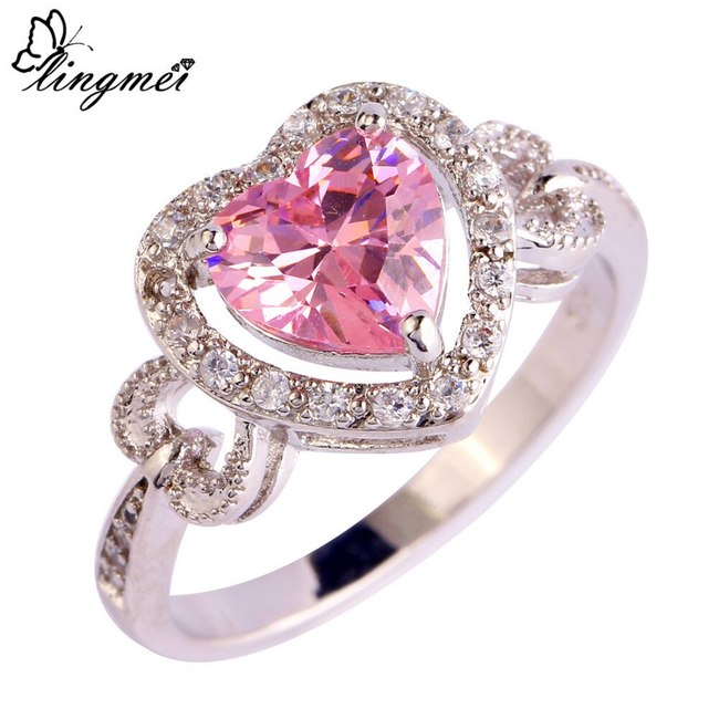 LINGMEI 하트 웨딩 약혼 핑크 &amp; 화이트 CZ 실버 컬러 반지 사이즈 6 7 8 9 10  로맨틱 좋은 여성 보석 선물