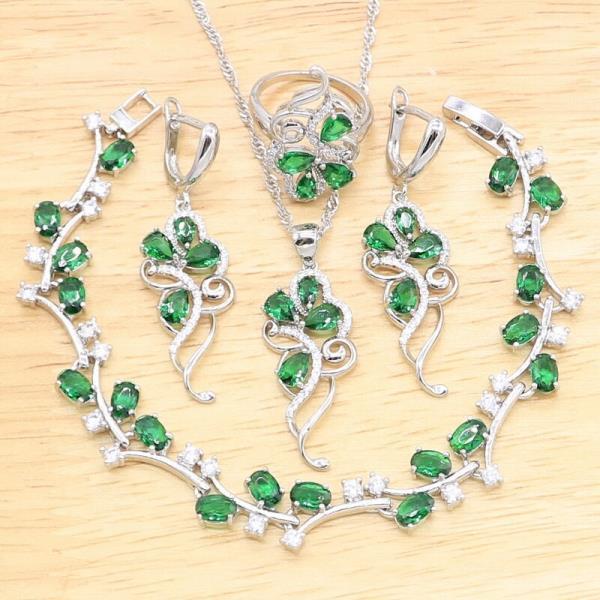 녹색 돌 925 스탬프 결혼식 웨딩 쥬얼리 세트 여자 팔찌 귀걸이 반지 신부 생일 선물