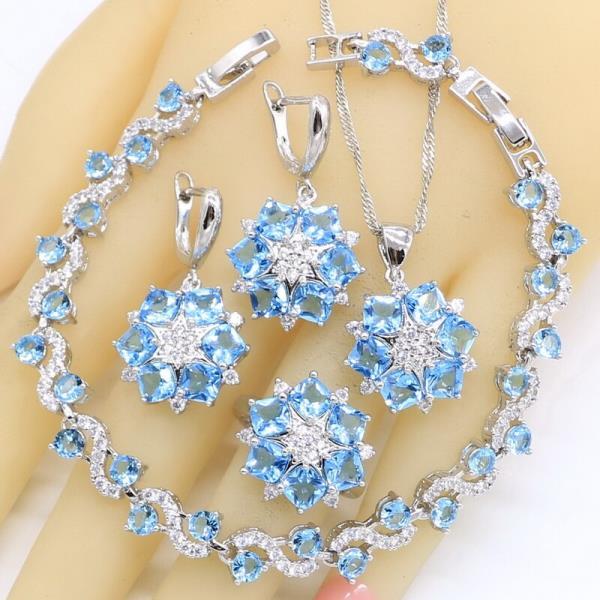 스카이 블루 두바이 결혼식 웨딩 쥬얼리 세트 팔찌 귀걸이 반지 신부 생일 선물
