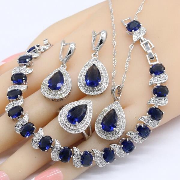 925 여자용 스탬프 쥬얼리 세트 결혼식 생일 진한 파란색 돌 팔찌 귀걸이 반지 선물
