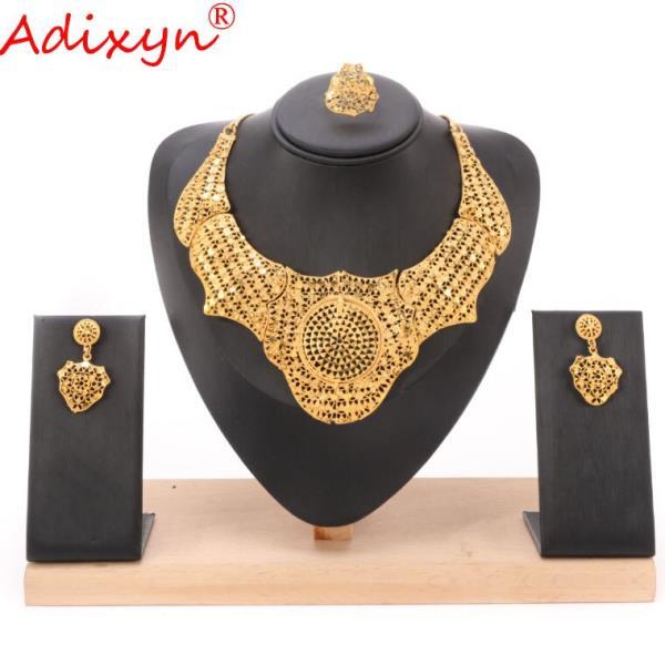Adixyn 24k 두바이 골드 목걸이/귀걸이/여자 반지 아프리카 인도 럭셔리 쥬얼리 세트 선물