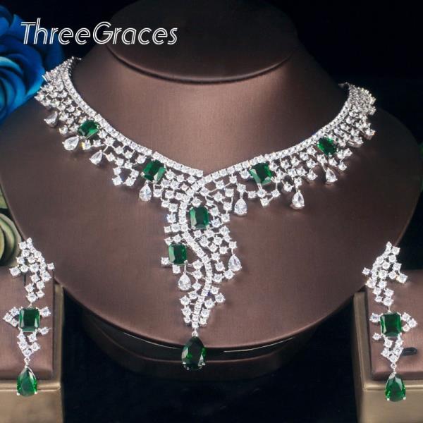 ThreeGraces- 디자인 녹색 큐빅 지르코니아 물방울 큰 목걸이 결혼식 웨딩 쥬얼리 세트 TZ534