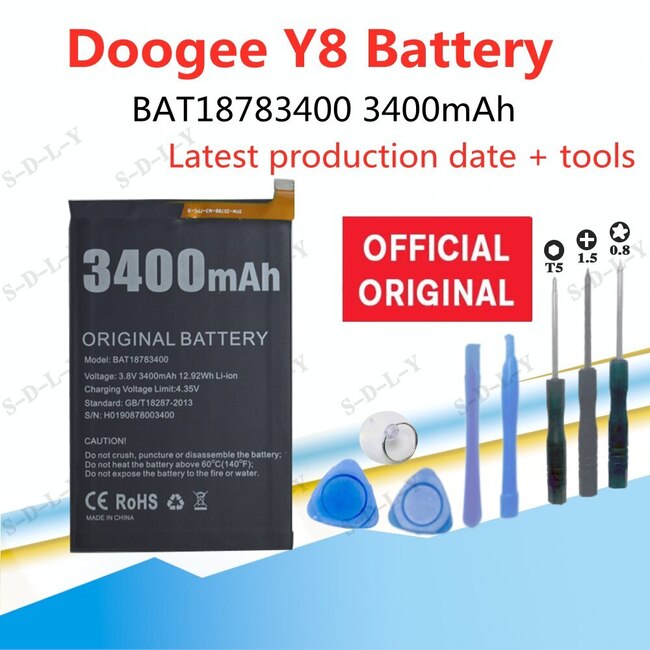 DOOGEE Y8 용 배터리 교체 충전식 LI-POLYMER BATERIA BAT18783400 3400MAH 테스트 + 수리 도구