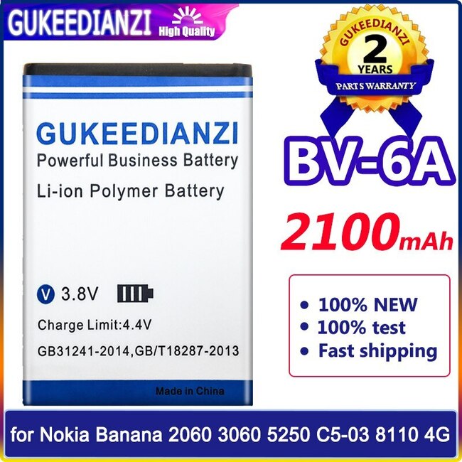 2100MAH 고품질 BV6A BV 6A 재충전 전지 NOKIA 바나나를 위해 2060 3060 5250 C503 8110 4G 전화 건전지