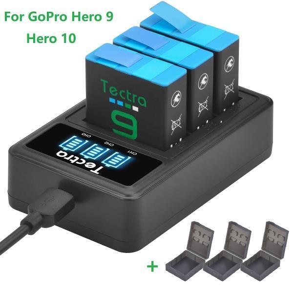 GoPro Hero 9 ADBAT001 용 Tectra 1780mAh 리튬 이온 배터리 GoPro Hero 9 BlackHero 10 용 3 슬롯 LED 라이트 배터리 충전기 포함