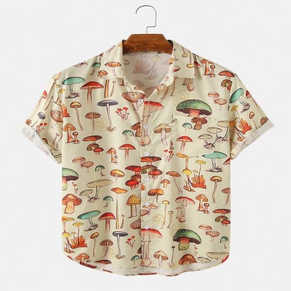 2022 여름 남성 하와이 셔츠 옷깃 가슴 주머니 짧은 요소 버섯 패턴 프린팅 단추 위로 캐주얼