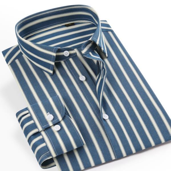 영국 스타일 대비 스트라이프셔츠, 포켓 없는 디자인 편한 코튼 남성 스탠다드 핏 긴캐주얼 셔츠