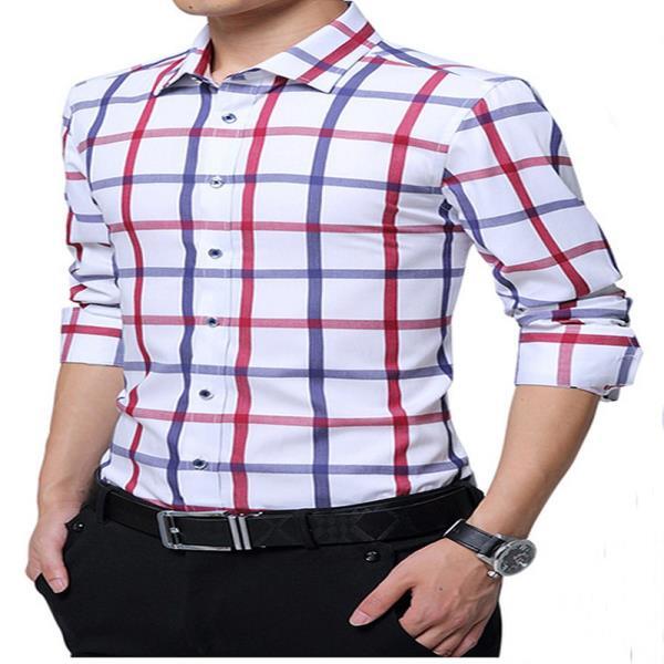 품질 좋은 남성 봄 셔츠 슬림핏 체크 무늬 긴코튼 드레스 버튼 캐주얼 Camiseta Masculina 체크