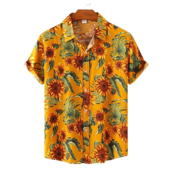 여름 신상 남성 하와이안 셔츠, 해바라기 프린트 빈티지 오버사이즈 반팔 루즈 캐주얼 열대 비치 탑, 5xl