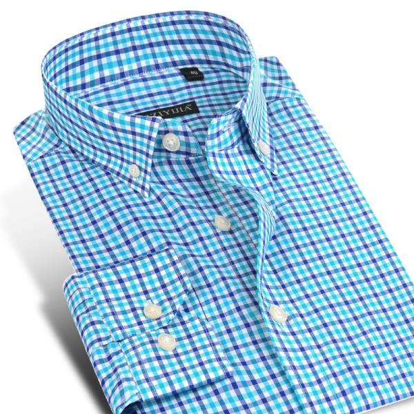 잉글랜드 스타일 체크 무늬 면 남성 셔츠, 포켓 없는 디자인 긴캐주얼 스탠다드 핏 버튼 다운 깅엄