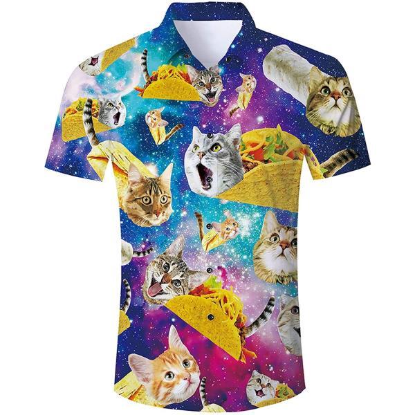 여름 하라주쿠 반팔 셔츠 재미있는 갤럭시 타코 피자 고양이프린팅 하와이안 남성 캐주얼