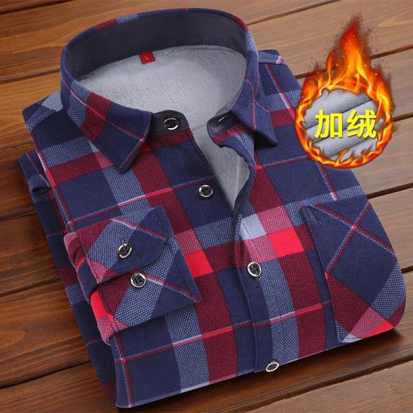 남성 플러시 두꺼운 따뜻한 긴체크 무늬 셔츠, 버튼 다운 칼라 비즈니스 Camisa Masculina
