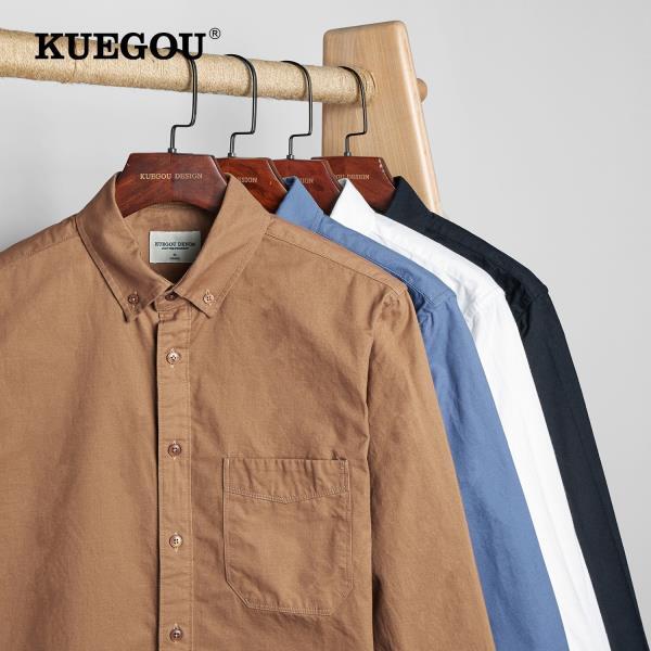 KUEGOU-2022 100% 코튼 셔츠, 긴남성 블루/화이트/오렌지 스마트 캐주얼 블렌드 고품질 20545