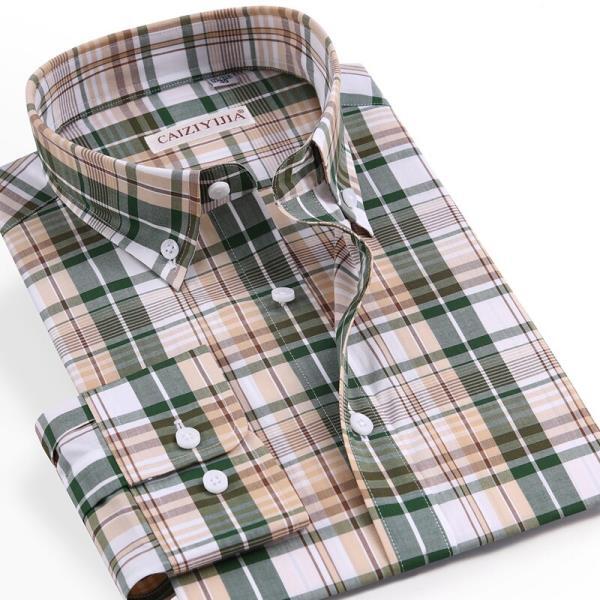 영국 스타일 체크 무늬 긴셔츠, 포켓 없는 디자인 스탠다드 핏 캐주얼 버튼 다운 남성 깅엄