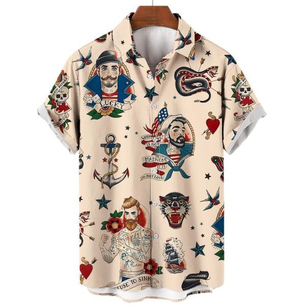 남자 하와이안 셔츠, 머메이드 프린트 비치 반팔 상의 블라우스, 2022 년대형 디자이너 의류, 고품질