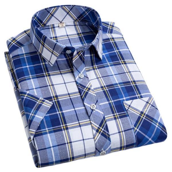 남자 체크 무늬 셔츠, 여름 반팔 레저 슬림핏 스퀘어 칼라, 소프트 캐주얼 상의, 프론트 포켓 포함