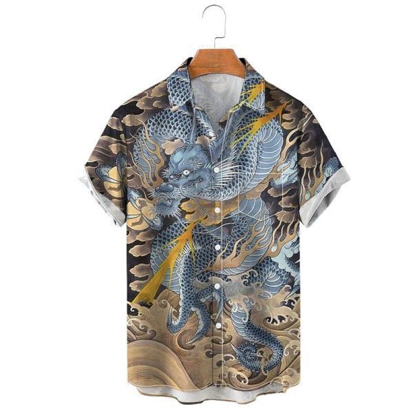 Molilulu 남성빈티지 의류 아시아 드래곤 아트 캐주얼 하와이안 셔츠