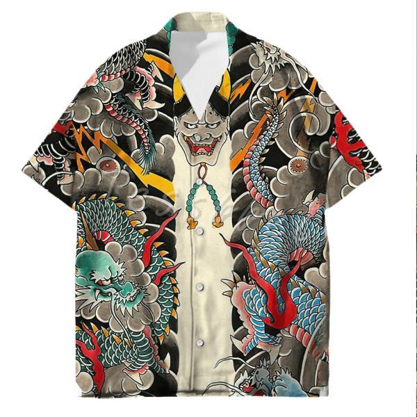 남성 셔츠 하와이 하라주쿠 캐주얼 여름 티 사무라이 일본 문신프린트 상의대형 블라우스 스트릿