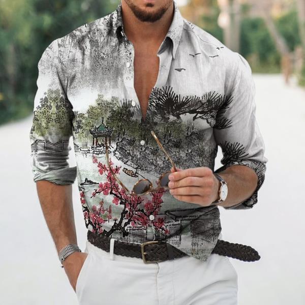 남자 하와이안 셔츠프린트 캐주얼 긴셔츠스타일 상의 티셔츠 하라주쿠 풍경 블라우스 Camisa