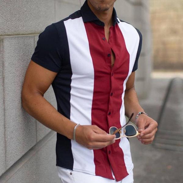 남성 셔츠 핸섬 스트라이프 프린트 턴 다운 칼라 싱글 브레스트 여름 상의 비치 블라우스 camisa masculina