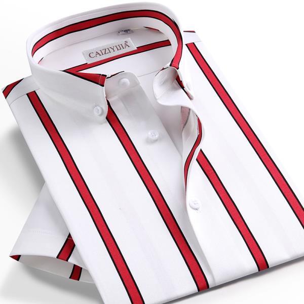 남자 반팔 대비 컬러 블록 스트라이프 드레스 셔츠, 주머니 없는 디자인, 여름 캐주얼 스탠다드 핏 버튼 다운