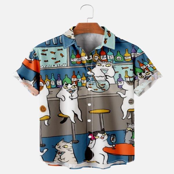남성 캐주얼 귀여운 고양이 프린팅 짧은셔츠 여름Buttoned 상의 턴 다운 칼라 스트릿