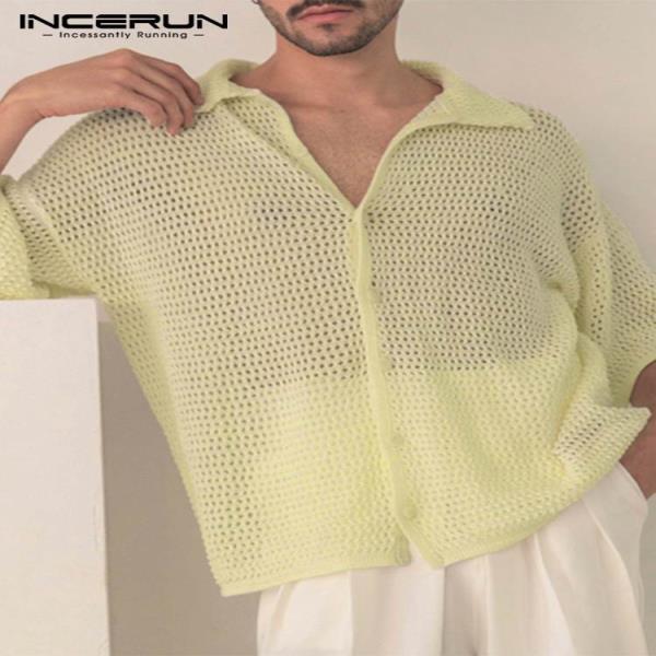 INCERUN 2022 남성 메쉬 셔츠 옷깃을 통해보고 짧은단색캐주얼 의류 스트릿 박시 Camisa S-5XL