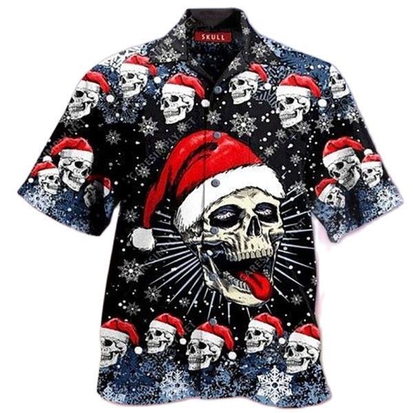 2022 신상 남성 셔츠, 하와이안 카미시아 캐주얼 원 버튼 크리스마스 해골 프린트 반팔 블라우스 상의