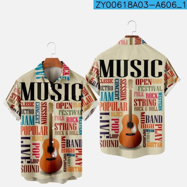 남성여름 티셔츠 하와이안 음악 패턴프린트, 아늑한 캐주얼 원 버튼 반팔 비치 오버사이즈