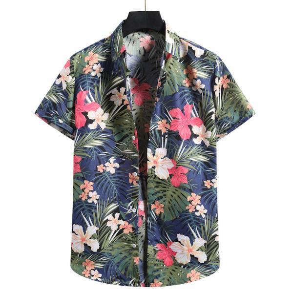 남자 여름 하와이안 셔츠플라워 프린트 반팔 버튼 셔츠 블라우스, 캐주얼 Camisa Masculina