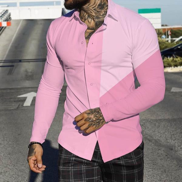 남자 핑크 셔츠,캐주얼 턴 다운 칼라 스트릿 컬러 블록 프린트 비치 긴오버사이즈 상의 2022