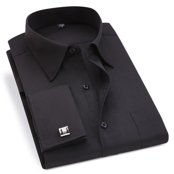 클래식 블랙 프렌치 커프스 단추 남성 비즈니스 드레스 긴팔 셔츠 옷깃 남자 사회 4XL Regular Fit