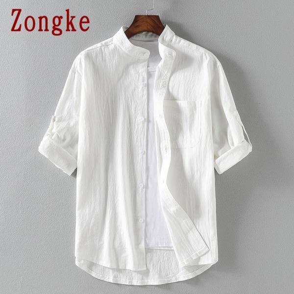 Zongke 2022봄스타일 짧은셔츠 남성 슬림핏 리넨 솔리드 캐주얼 반 소매 의류 M-5XL