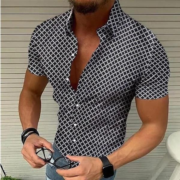 2022 SummerMens 빈티지 체크 무늬 셔츠캐주얼 럭셔리 셔츠 남자 반팔 하와이 블라우스 Camisa Masculina