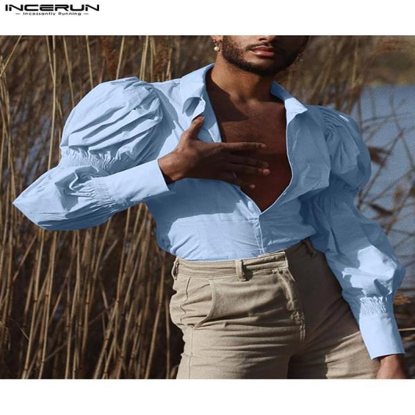 INCERUN-남성 캐주얼 셔츠, 솔리드 컬러 라펠 롱 퍼프 소매 2022 스트릿 버튼, Camisa Masculina 7