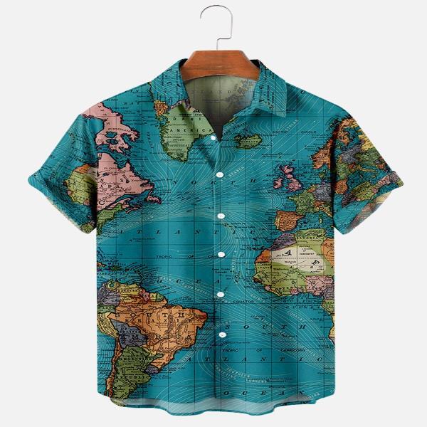 여름 남성 세계지도 디지털 프린팅 셔츠 하와이안 단추 옷깃 박시 반팔 큰 5XL